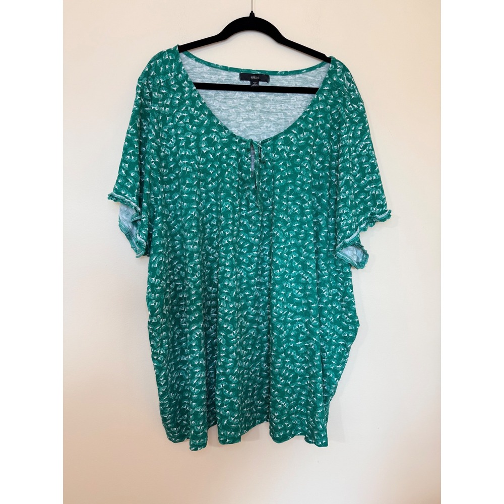 Ellos Green White Palm Print Cotton Keyhole Neck Short Sleeve Top Plus Size 5X
